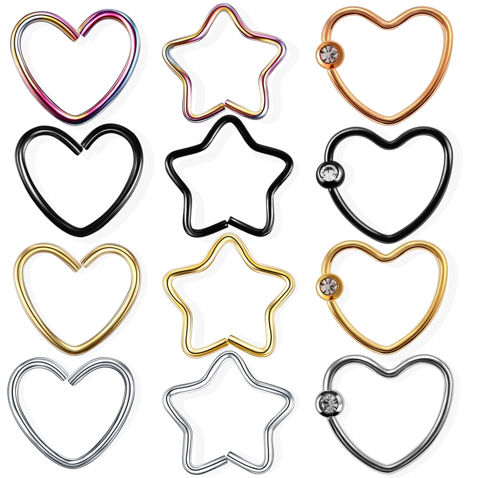 

4pcs/lot Steel Daith Heart Star Rings CZ Gem Cartilage Tragus Piercings Nose Hoop Rings Labret Ring Daith Piercing Sexy Jewelry