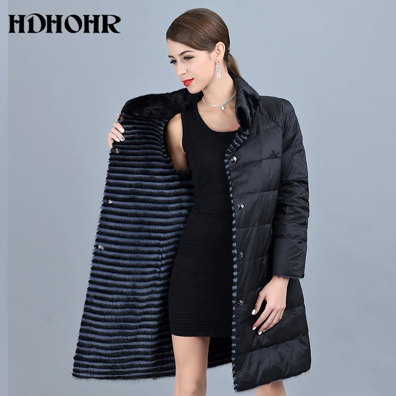 HDHOHR 여성용 진짜 밍크 모피 코트, 다운 양면 착용 재킷, 따뜻한 진짜 가죽 스트립, 긴 재킷, 2023 신상