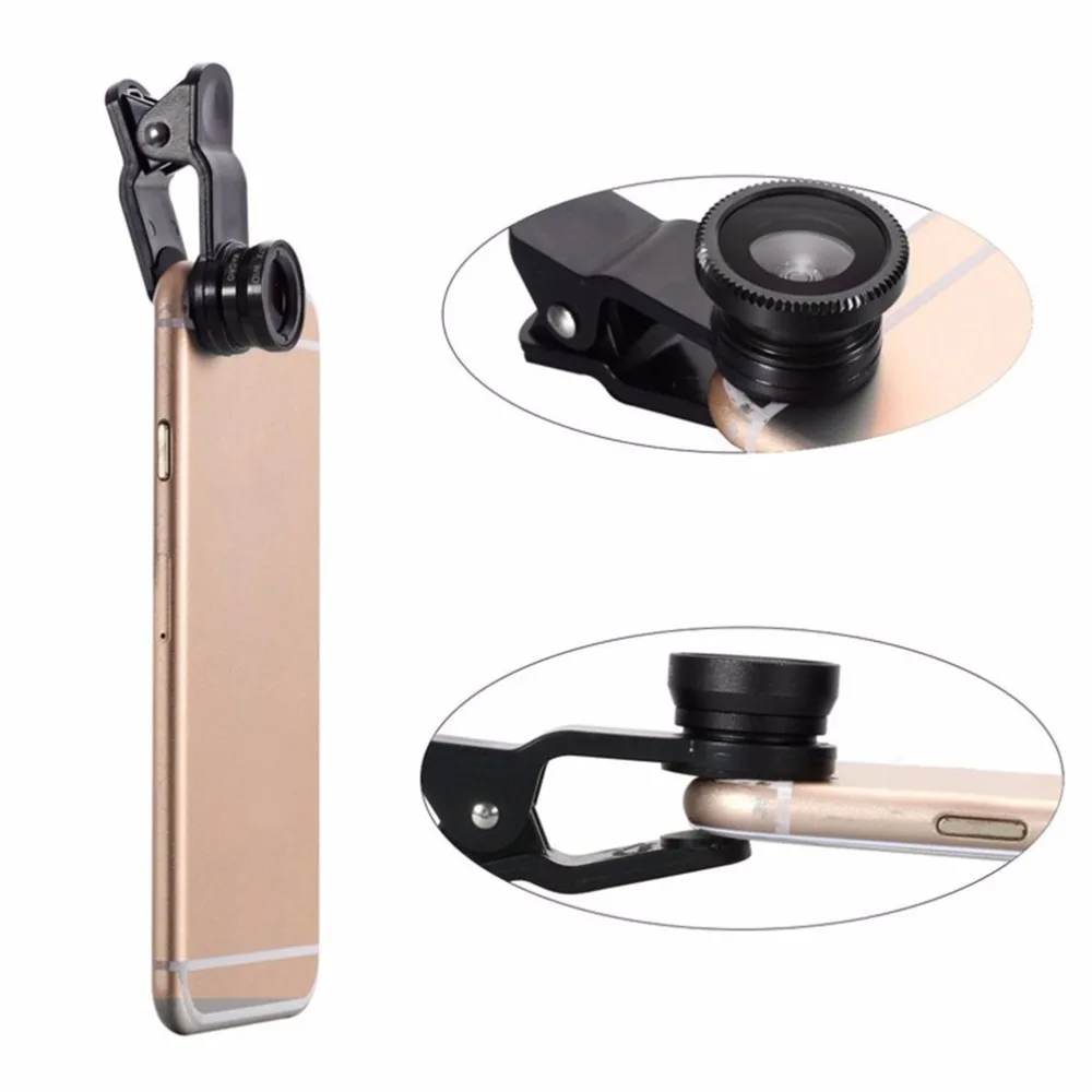 Phone Lens 360 Degree Rotate Shark Tail Shaped Clip Photo Camera Lens Kits 180 Degree Fish Lens 0.65X Wide Angle 10X Macro Lens