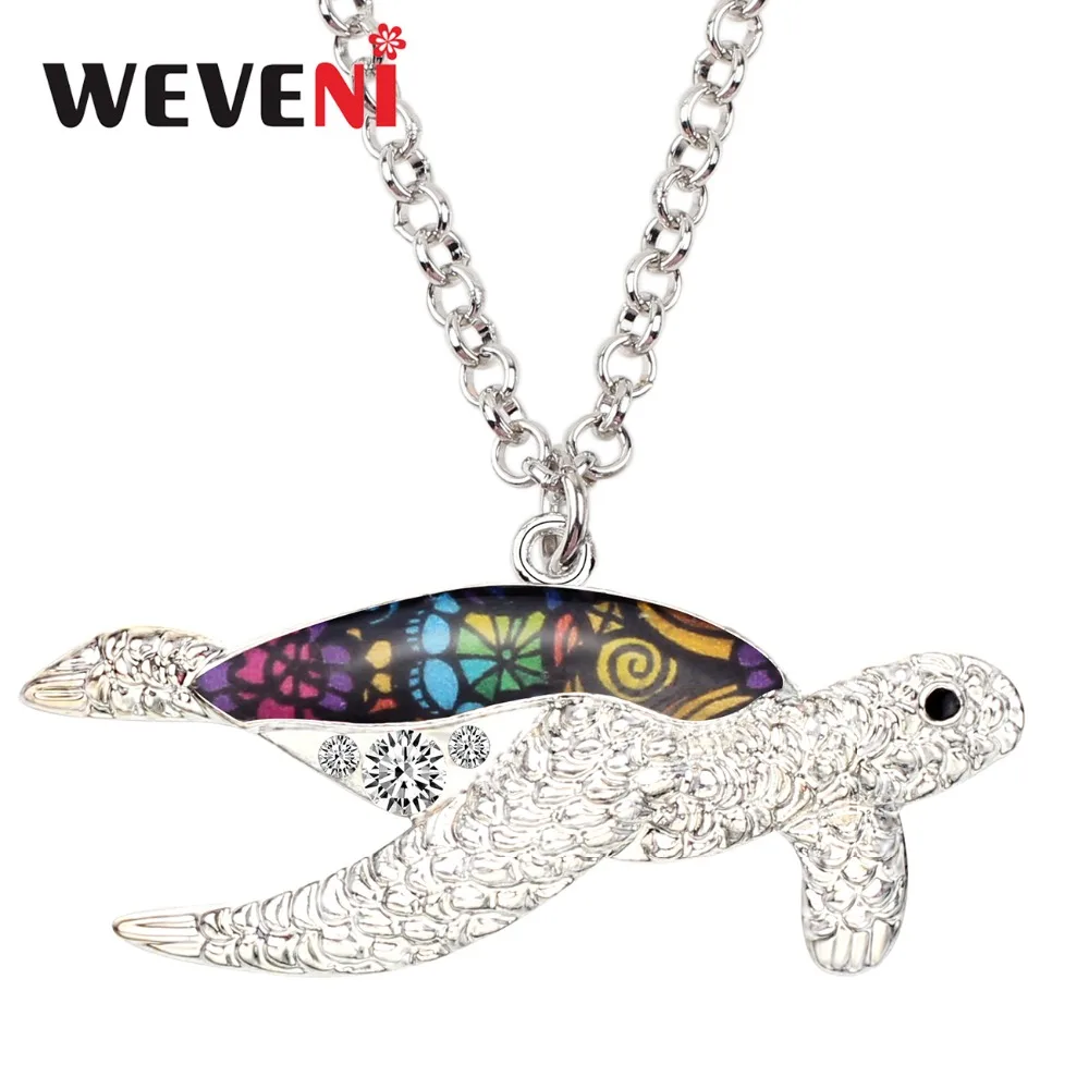

WEVENI Enamel Alloy Ocean Sea Turtle Tortoise Necklace Pendant Chain Collar Animal Rhinestone Jewelry For Women Girl Gift Bijoux