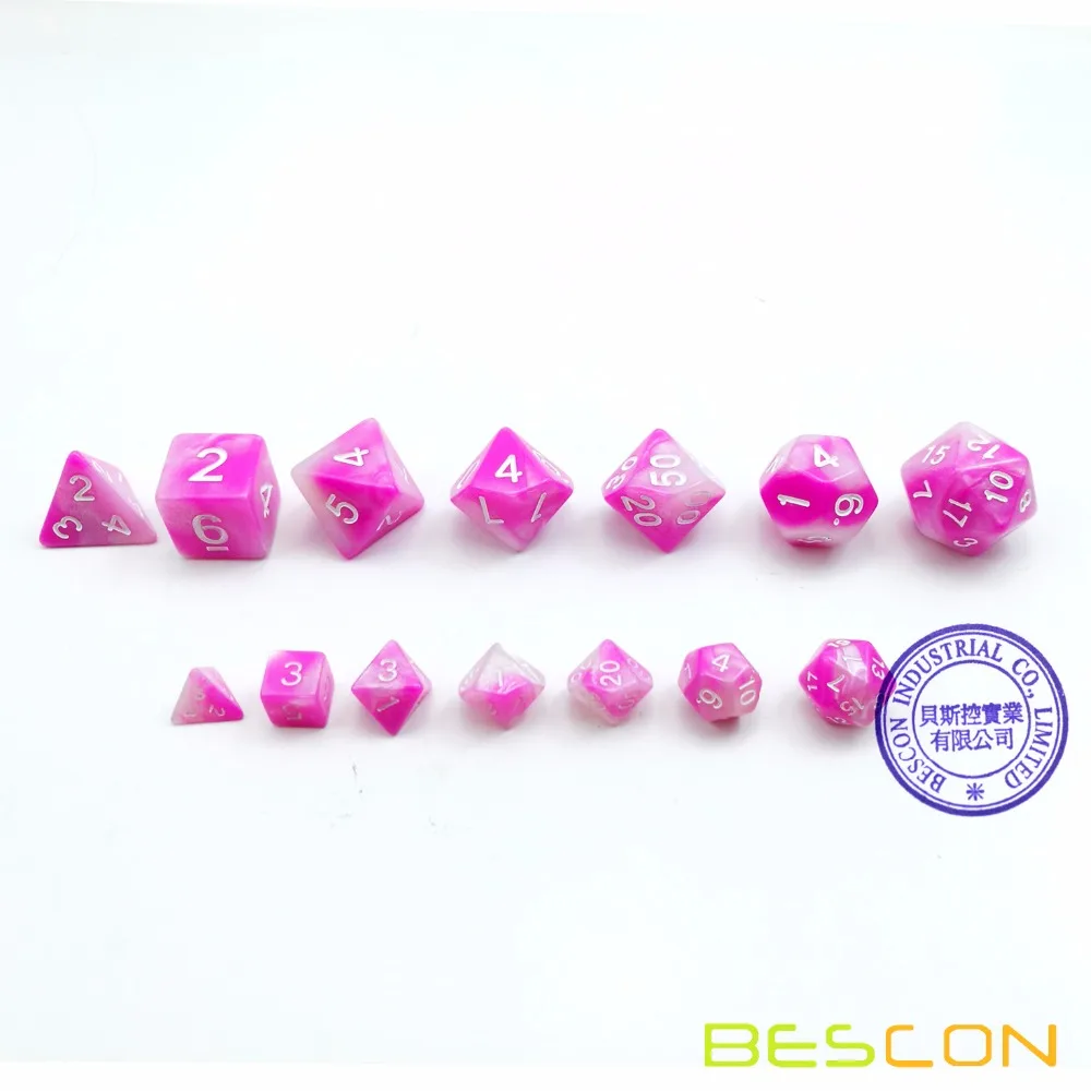 Bescon Mini Gemini Two Tone Polyhedral RPG Dice Set 10MM, Small Mini RPG Role Playing Game Dice D4-D20 in Tube, Pink Blossom