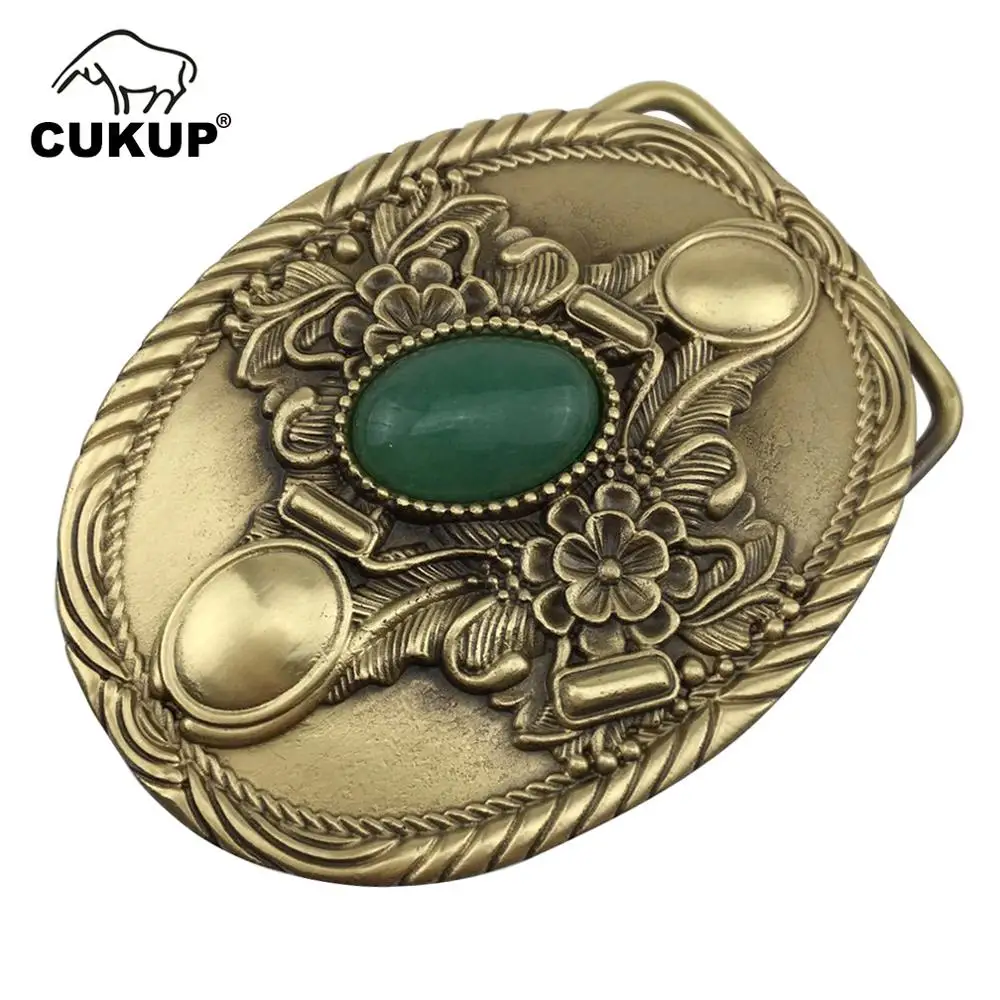 

CUKUP Mens Floral Pattern Decorative Brass Buckle Metal Real Jade 3.7-3.9cm Wide Belt Paties Wedding Buckles Only for Men BRK019