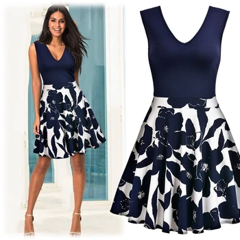 

Women Elegant Vintage Print Floral Tunic V Neck One Piece Dress Suit Patchwork Casual Party Work Fit Flare Skater Dress Suit