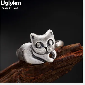 

Uglyless 100% Real Solid 990 Pure Silver Handmade Cat Open Rings for Women Lovely Gift Fine Jewelry Kitty Finger Ring Bijoux