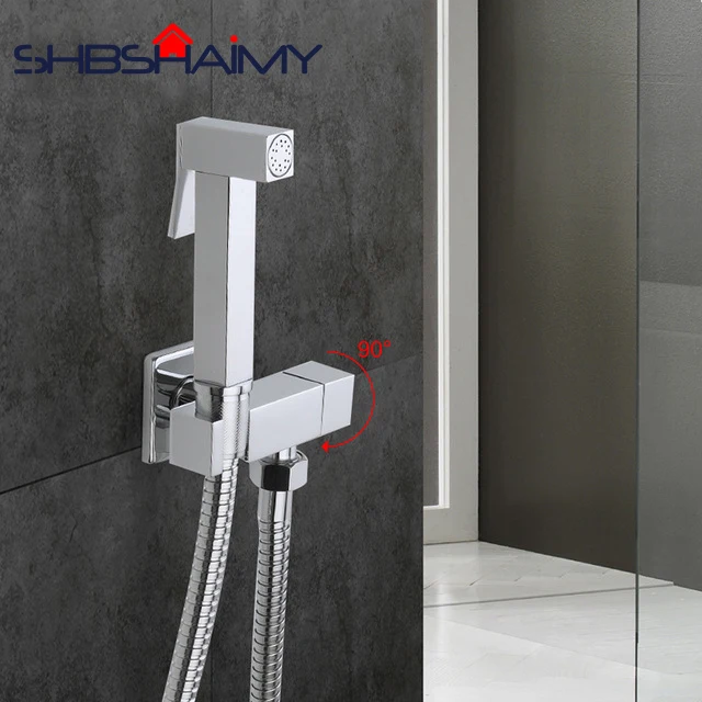 Solid Brass Single Cold Water Corner Valve Bidet Function square Hand Shower Head Tap Crane 90