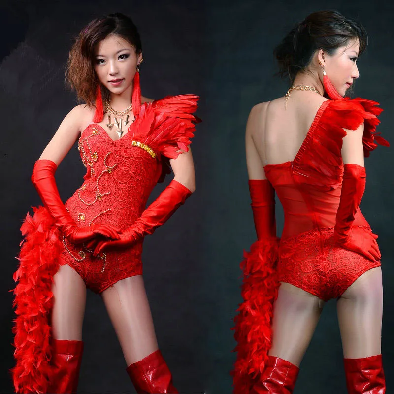 

Nightclub Female Singer Sexy feather jumpsuit costumes Red Sparkly Diamond Jazz dance wear Adult stage performance clothing set