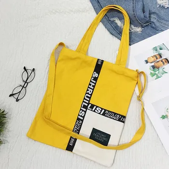 

Beauty Patchwork Shopping Bag Single Shoulder Black Yellow Canvas Cloth Bag Zipper Reusable Eco Shopping Bag bolsas de tela