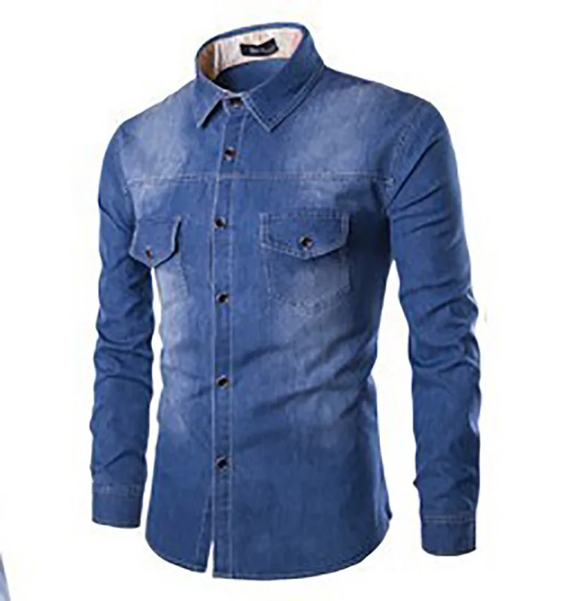 Новое поступление, Мужская джинсовая рубашка, 90% хлопок, одноцветная, с отворотом, длинный рукав, Повседневный, вареный кардиган, тонкая, осенняя рубашка, с карманом, M-6XL - Цвет: Blue