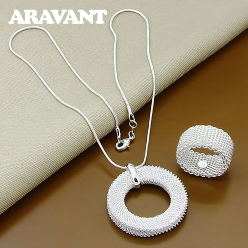 

925 Silver Jewelry Round Network Pendants Necklaces Rings Set Ladies Luxury Jewelry