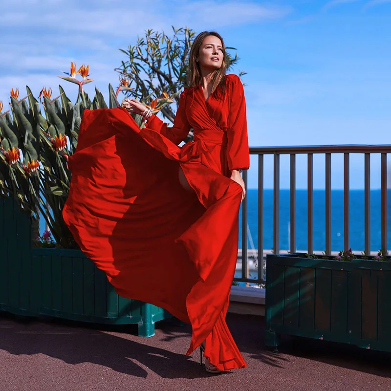 

2019 Spring New Women's Bohemian Maxi Dress Deep V Collar Retro Dress Chiffon Large Hem Split Long Dress Vintage Party Dress