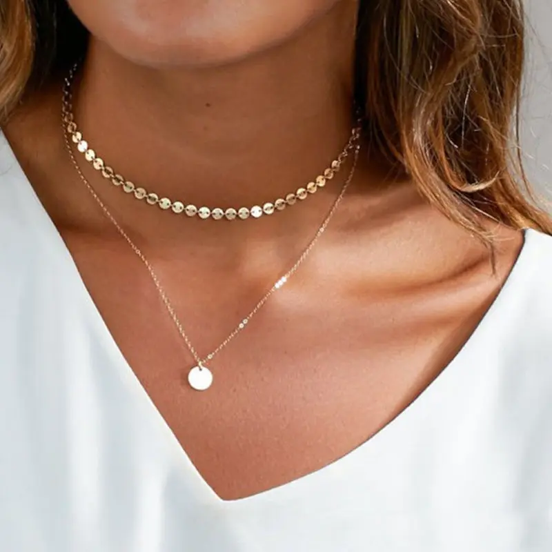 

Bohemian Multilayer Chokers Chain Necklace Gold Color Coin Pendant Necklace Women Beads Round Neck Charm Collares Mujer 2019