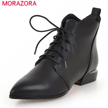 

MORAZORA 2020 size 33-43 ankle boots for women fashion warm autumn winter boots lace up pointed toe square heels shoes woman