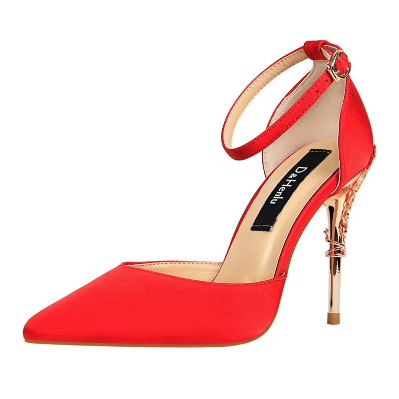 {D& Henlu}/Новые летние туфли женские туфли D'Orsay на высоком каблуке, шелковые, желтые туфли на шпильке, вечерние туфли на металлическом каблуке с резным узором