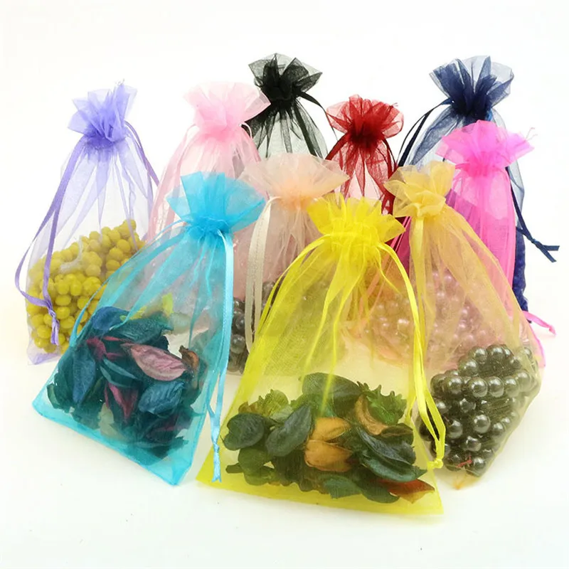 

100Pcs Jewelry Bags Packing Drawable Organza Bags 7x9 9x12 10x15 13x18 17x23cm Gift Bags Sachet Organza Wedding Communion Decor