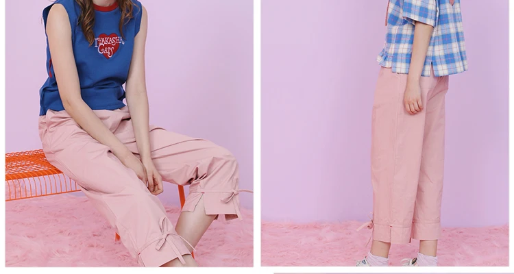 Модные оригинальные женские брюки-Капри, женские хлопковые розовые эластичные брюки длиной до щиколотки с высокой талией, на шнуровке, с бантом, Летние Осенние женские брюки