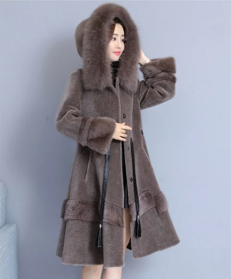 Uhytgf люксовая модель; лисий мех; воротник; капюшон; На зимнем меху пальто стрижки овец тонкая Длинная Верхняя одежда из меха норки Обувь на теплом меху куртка M-4XL Большие размеры 1027