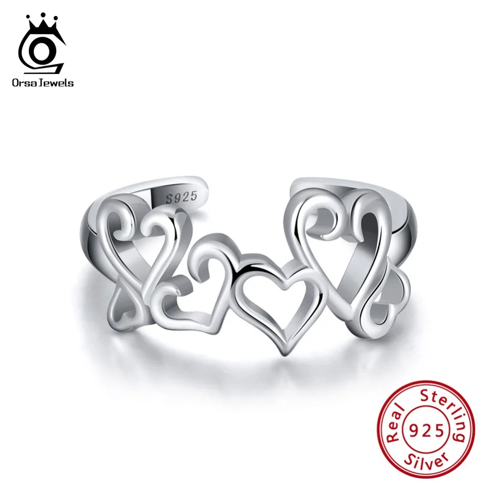 ORSA JEWELS Luxury 925 Real Sterling Silver 10MM Hollowed Sweet Heart Adjustable Ring Love Female Wedding Party Jewelry SR106