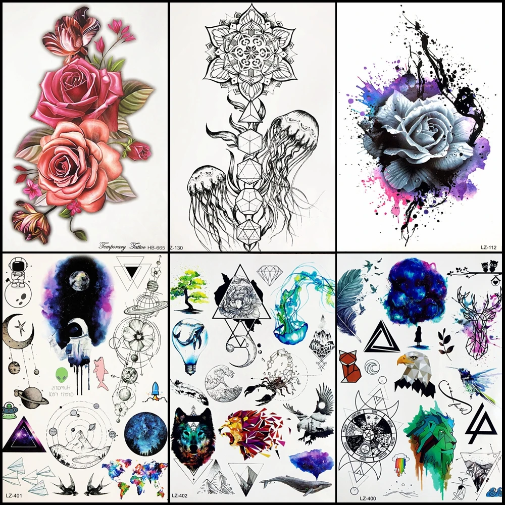 

Temporary Tattoo Sticker Women Chest Watercolor Flower Fake Tatoo Black Jellyfish Men Arm Art Waterproof Tattoo Sexy Roses