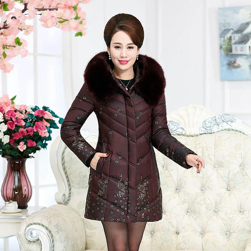 Large size 5XL Middle-aged Women's Cotton Jacket Print Loose Parkas Artificial Fur Collar Warm Coats Female Outwear DAN236 - Цвет: jujube red