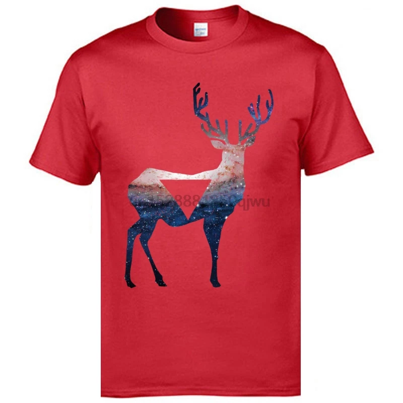 Deer Galaxy Animal Normal Top T-shirts Quality Cotton Tee Shirts Round Collar Red Happy New Year Christmas T Man | Мужская одежда