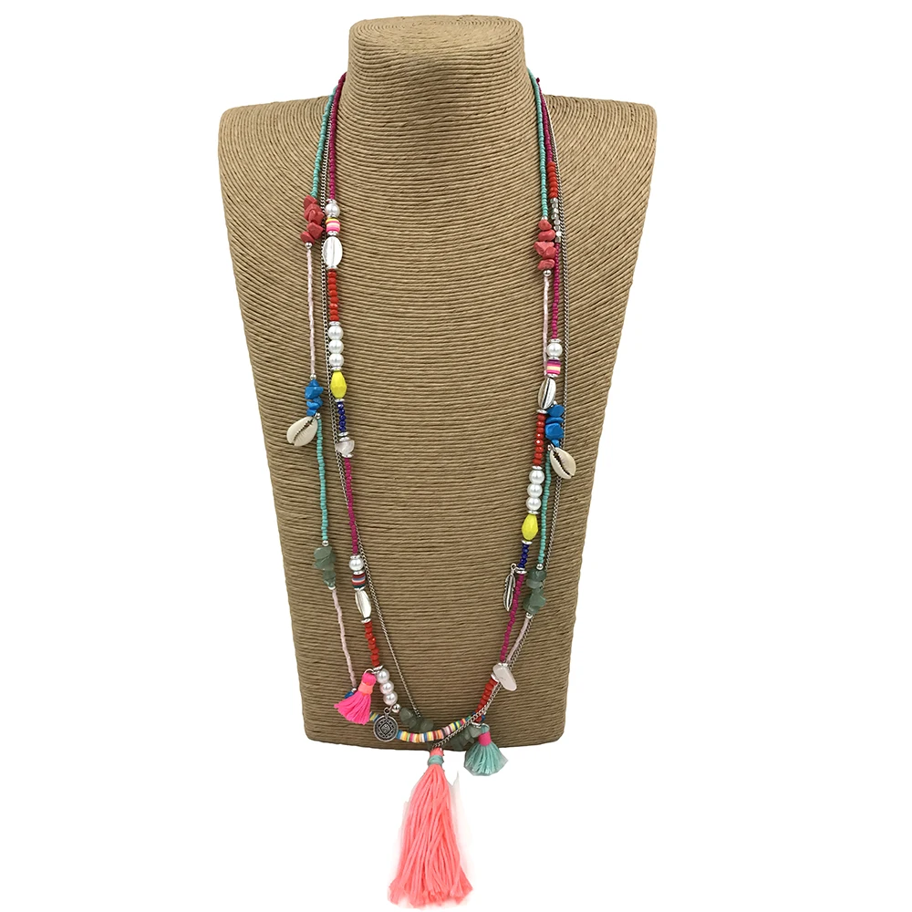 2017 New handmade Pink fringe tessal pendents necklace unique boho Bohemia long Necklaces Multy layers Seedbeads chain necklace