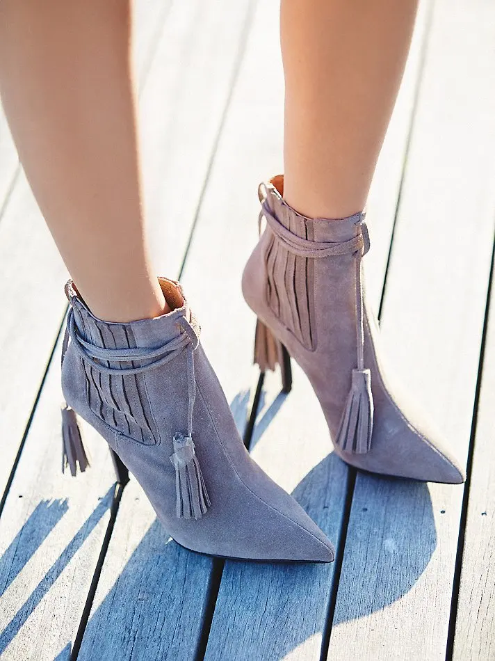 

Women amazing apricot suede leather pointed toe ankle boots lace up tassel dress shoes fastening fringe short booties