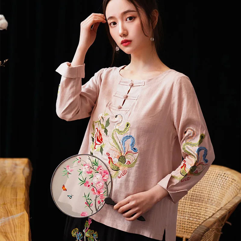 

Embroidered Chinese Tunic Top Chinese Style Ancient Tea Hanfu Summer Cotton Linen Long sleeved Chinese Dragon Blouse Shirt