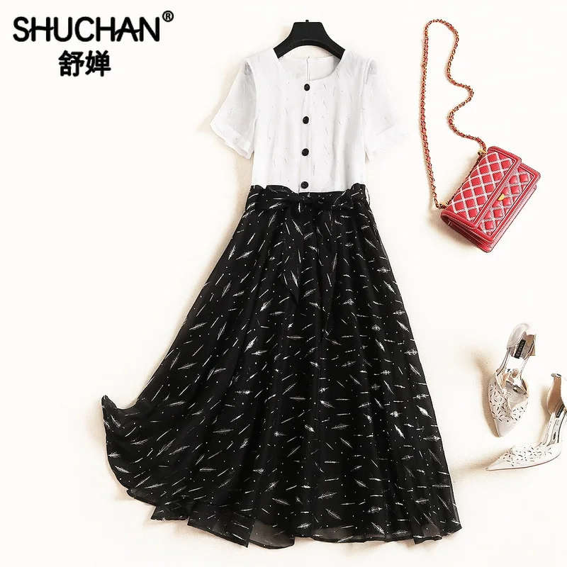 

Shuchan Vintage Print Patchwork Dress with Sashes Vestidos Mulher Verao 2019 Mid-Calf Designer Dresses High Quality 51273