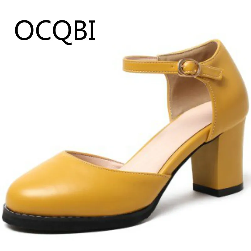 

Womens Round Toe Square Heel Buckle Strap PU Casual Mary Janes Pumps Shoes Yellow Black Footwear