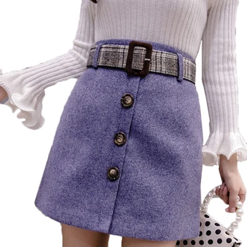 

New Autumn Winter Wool Skirts Women A-Line Harajuku Mini Skirts High Waist Belted Saias Ladies Woolen Short Skirts Jupe Femme