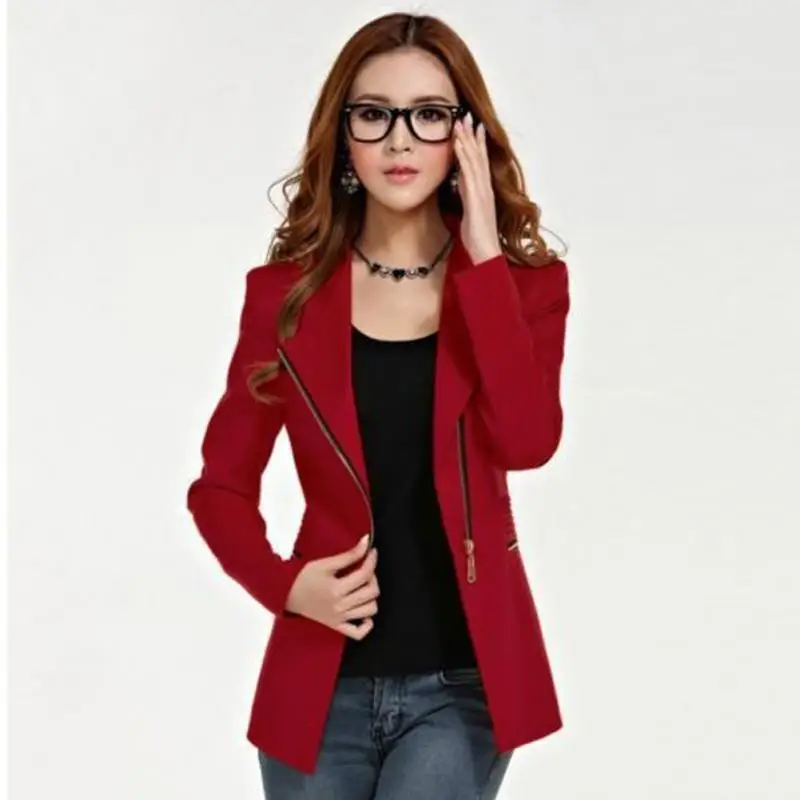 Весенне-осенний Модный женский блейзер с длинным рукавом, пиджак, костюм, повседневное пальто, короткая приталенная верхняя одежда, Блейзер, рабочая одежда - Цвет: Красный