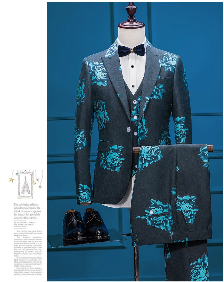 2018 Latest Coat Pant Designs Black Blue Pattern Flora Men Suits Custom