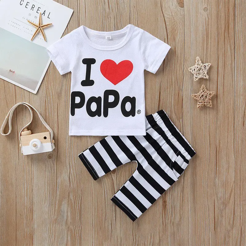 

Summer Baby Boys Girls Clothes Sets Letter Printing Short Sleeve Top And Striped Trousers Kit Kid Casual Two-piece Outfit Set