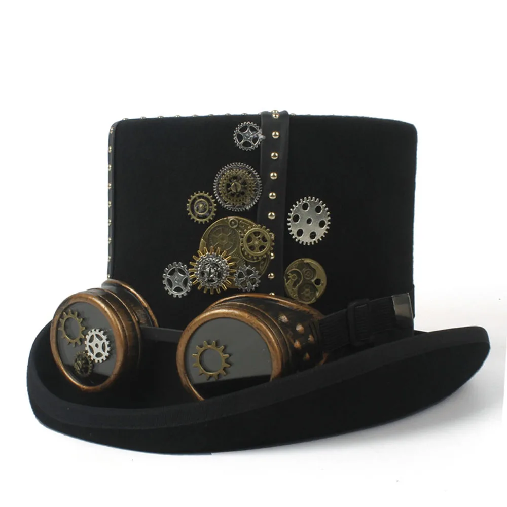 15 см черный стимпанк Top Hat для Для женщин Для мужчин Шерсть Fedora панк очки Шестерни шляп очки вечерние Косплэй Кепки 4 размеры