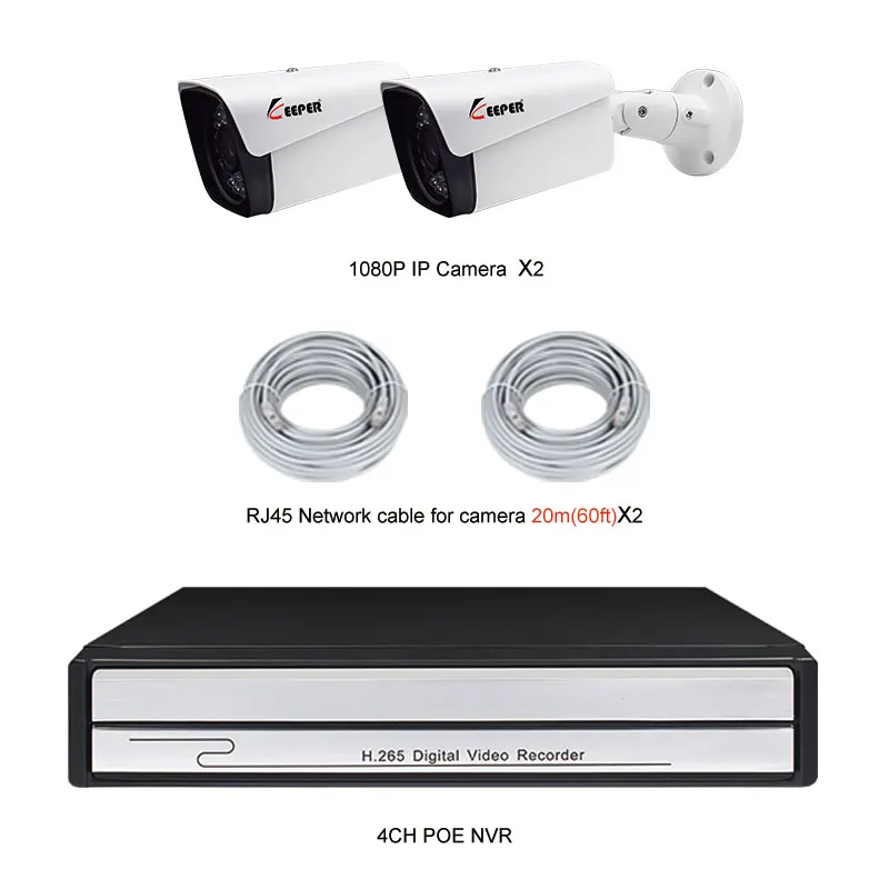 Хранитель H.265 4CH 1080P HD POE NVR CCTV система 4 шт. 2.0MP наружная ip-камера Водонепроницаемая P2P Onvif система видеонаблюдения - Цвет: POE2104-2NX-cable