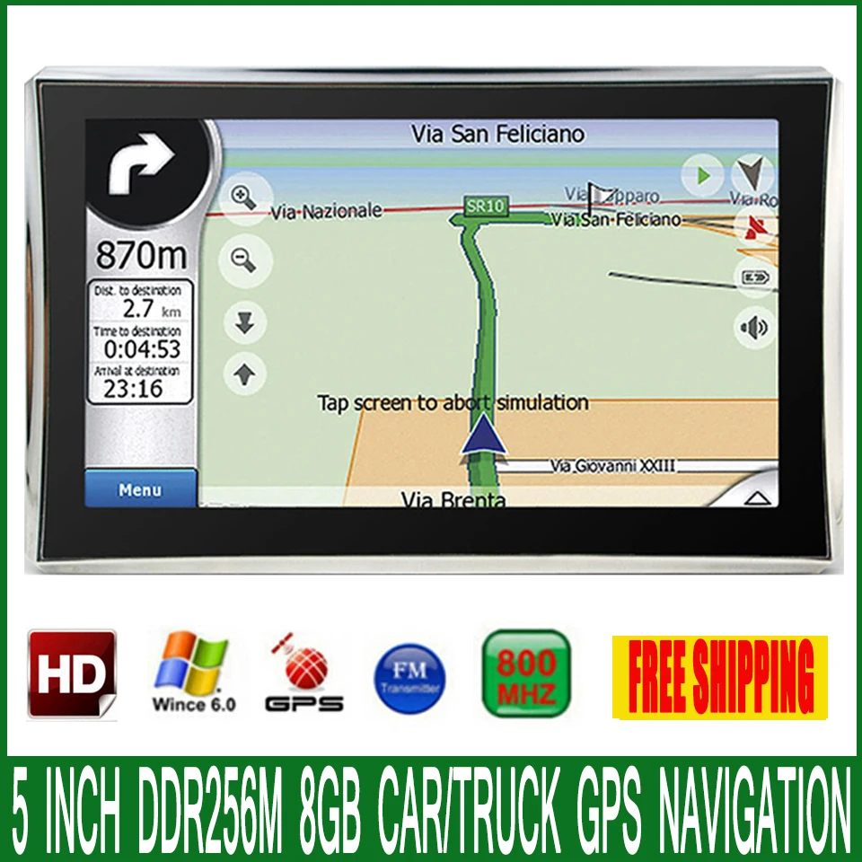 

5 inch HD Car OS CE 6.0 GPS Navigation CPU 800MHZ FM/4GB/DDR3 128M Newest Maps For Europe/USA/Russia MTK MS2531 vehicle Navi