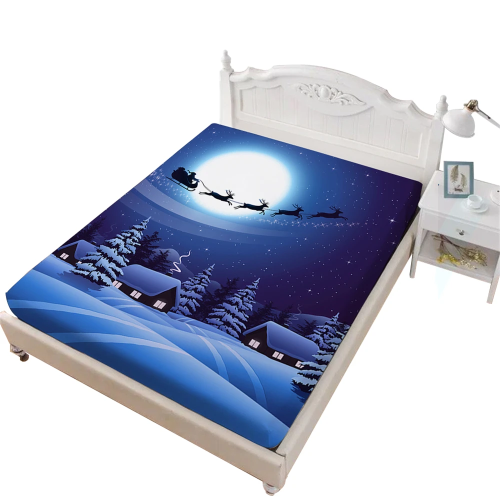 3D Рождественская Кровать Простыня синяя луна ночь простыня мультфильм сани Санты снег постельное белье глубокий карман наматрасник D25