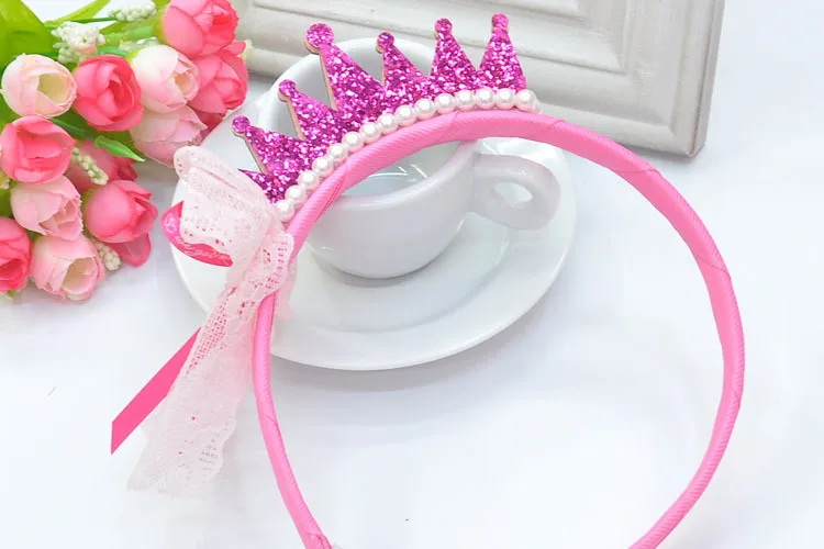 

10pcs/lot Happy Little Princess Wedding Birthday Party Decors Royal Crown Tiara with Pearl Bead Lace Ribbon Headband Hairbands