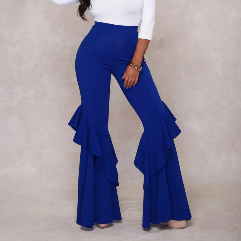 

Pants High Waist Ruffles Bodycon Flare Trousers Sexy Red White Blue Black Elastic Women Fashion Summer Autumn Elegant Female New