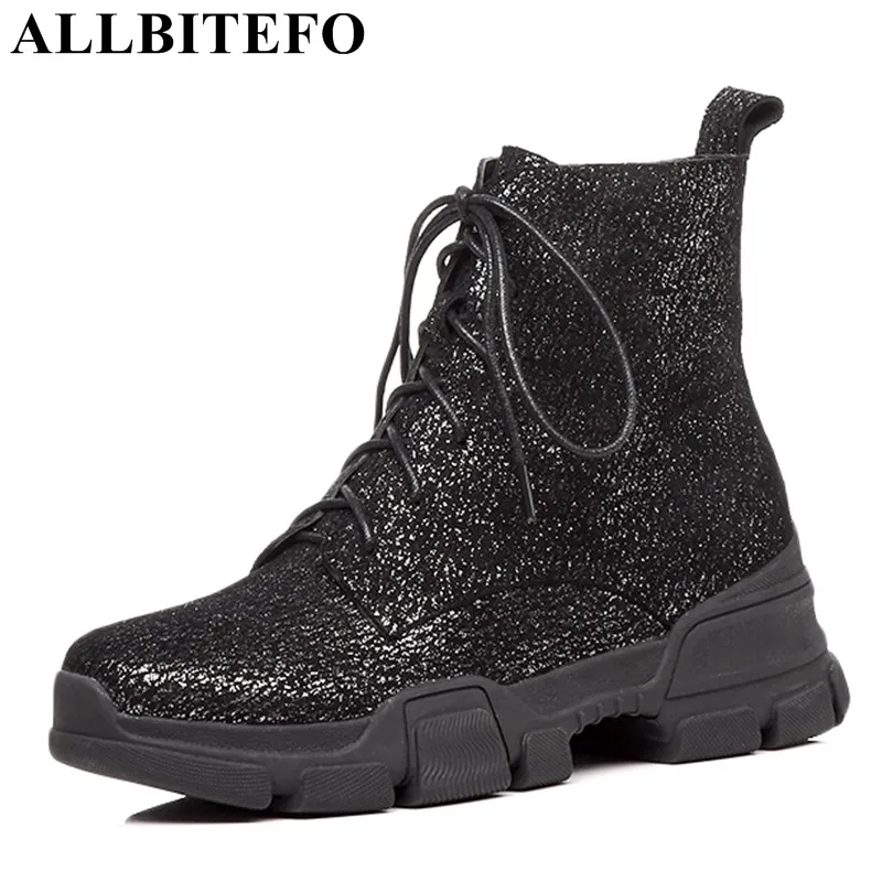 

ALLBITEFO brand black silver ladies girls flat heel motorcycle boots sheepskin genuine leather women ankle boots shoes for woman