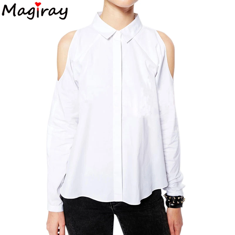 

Casual Single Breasted Shirt Female Cold Shoulder White Shirt Women Tops 2019 Summer Long Sleeve Blouse Ladies Clothing Black
