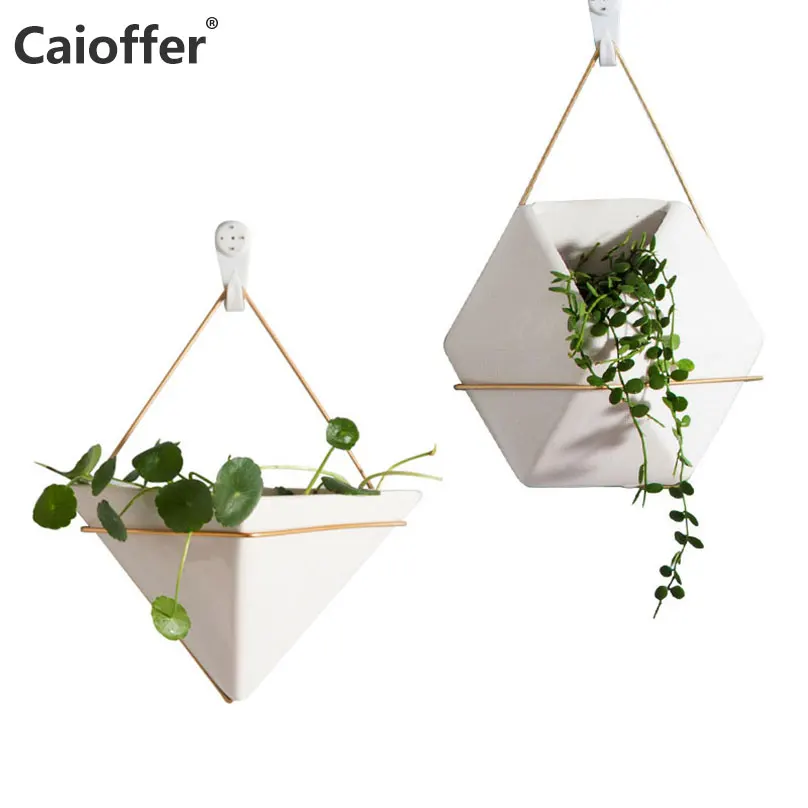 

Caioffer Wall Mounted Simple Vase Home Decorative European Nordic Style Maceta Geometric Ceramic Hanging Flower Vasi For Plant