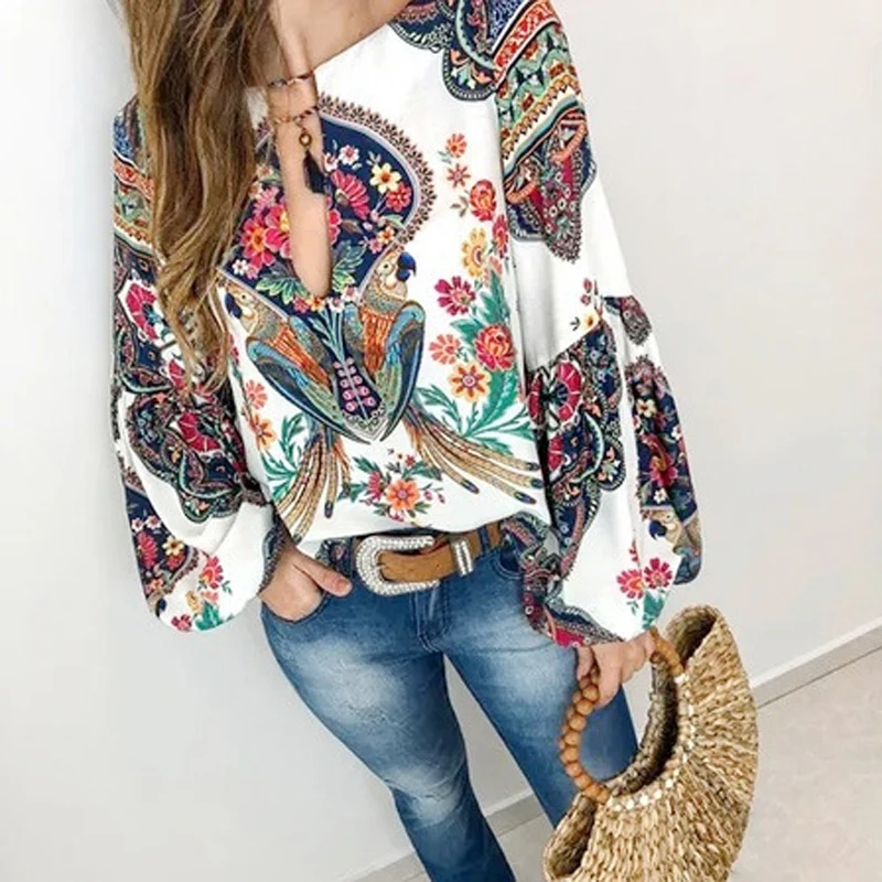 Fanbety 5XL Autumn Floral Print Blouse blusas Women Sexy Tassel Lace-up Lantern sleeve Shirts tops Summer Blouses Femininas