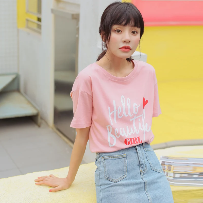 

Women's T-shirts Japan Harajuku Ladies Tunic Student Sweet Printing Girl Heart Loose Thin Summer Tshirt Female Korean Kawaii Top