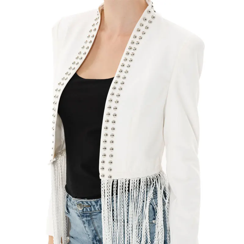 Apperloth Streetwear Jacket Women Short Overcoat Ladies Jackets Tops with Tassel Stand Collar Long Sleeve White Top Open Stitch Coats