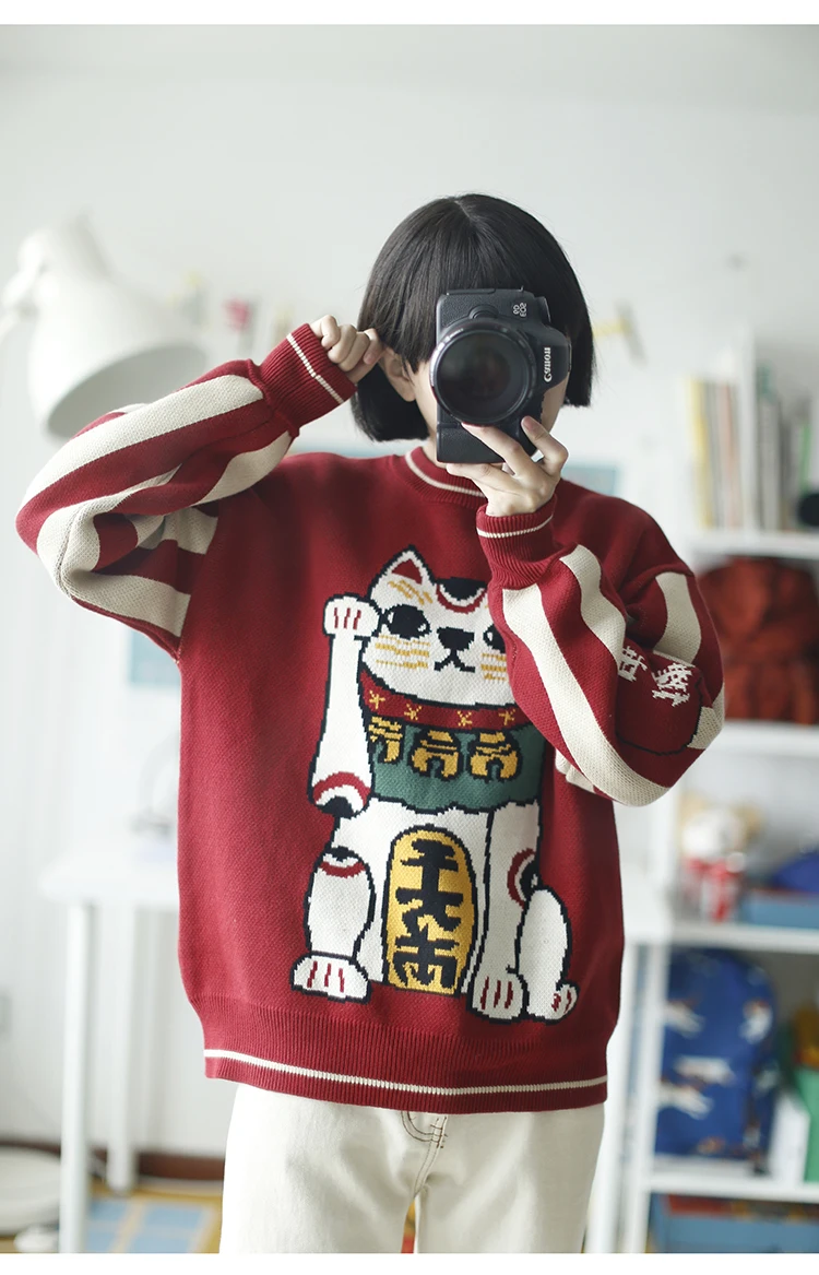 Новинка, китайский стиль, утолщенный красный пуловер,, весенний свитер, Lucky Cat, хлопок, вязанный Топ, Повседневный, высокое качество, теплый, зимний