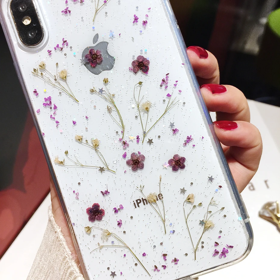 Qianliyao Real Flowers Dried Flowers Transparent Soft TPU Cover For iPhone X 6 6S 7 8 plus Phone Case For iphone XR XS Max Cover