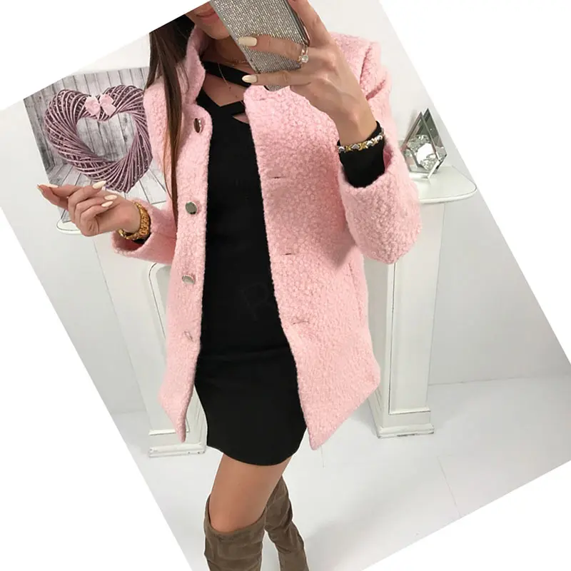 Women Winter Woolen Coat Autumn Casual Solid Color Long Sleeve Pocket Single-Breasted Suit Collar Pink Long Coat Abrigos Fashion (4)