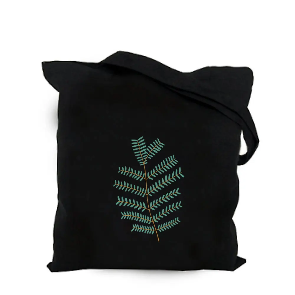 2019 green plant leaf black cotton canvas bag customized eco girl tote bag custom made shopping bags with logo for men or women  (16)