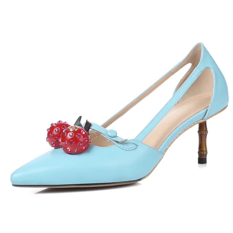 

FEERIJT 2019 Summer New Women's Shoes Leather Fashion Pointed Bag with Sandals Women's High Heels Strawberry Shoes Large Size 43
